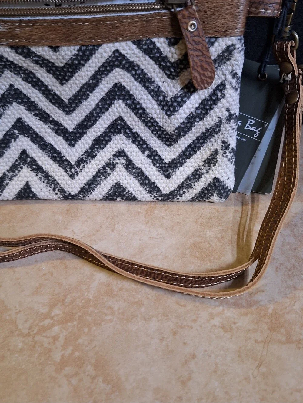 Myra Bag Staggering Crossbody Bag Brown Canvas Leather Cow Hair Western Zip Top